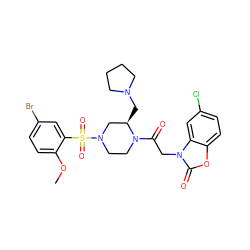 COc1ccc(Br)cc1S(=O)(=O)N1CCN(C(=O)Cn2c(=O)oc3ccc(Cl)cc32)[C@H](CN2CCCC2)C1 ZINC000042892468