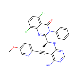 COc1ccc(C#Cc2c(N)ncnc2N[C@@H](C)c2nc3c(Cl)ccc(Cl)c3c(=O)n2-c2ccccc2)nc1 ZINC000209589916