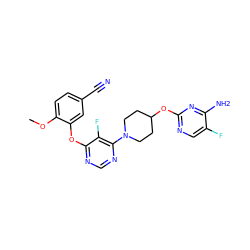 COc1ccc(C#N)cc1Oc1ncnc(N2CCC(Oc3ncc(F)c(N)n3)CC2)c1F ZINC000049036313