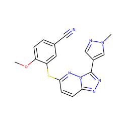 COc1ccc(C#N)cc1Sc1ccc2nnc(-c3cnn(C)c3)n2n1 ZINC000299826430
