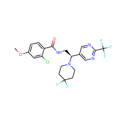 COc1ccc(C(=O)NC[C@@H](c2cnc(C(F)(F)F)nc2)N2CCC(F)(F)CC2)c(Cl)c1 ZINC000207667017