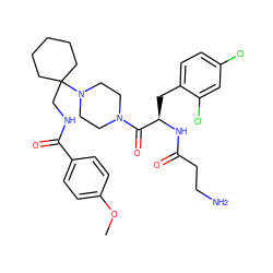 COc1ccc(C(=O)NCC2(N3CCN(C(=O)[C@@H](Cc4ccc(Cl)cc4Cl)NC(=O)CCN)CC3)CCCCC2)cc1 ZINC000028397995