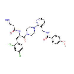 COc1ccc(C(=O)NCc2cccnc2N2CCN(C(=O)[C@@H](Cc3ccc(Cl)cc3Cl)NC(=O)CCN)CC2)cc1 ZINC000036285082