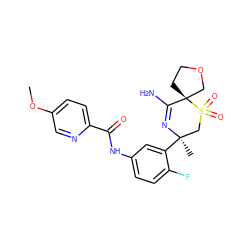 COc1ccc(C(=O)Nc2ccc(F)c([C@]3(C)CS(=O)(=O)[C@]4(CCOC4)C(N)=N3)c2)nc1 ZINC000217752715