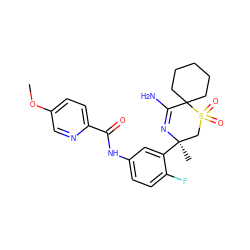 COc1ccc(C(=O)Nc2ccc(F)c([C@]3(C)CS(=O)(=O)C4(CCCCC4)C(N)=N3)c2)nc1 ZINC000207724120