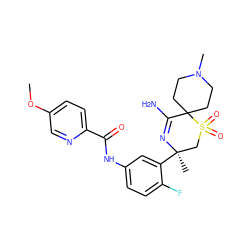 COc1ccc(C(=O)Nc2ccc(F)c([C@]3(C)CS(=O)(=O)C4(CCN(C)CC4)C(N)=N3)c2)nc1 ZINC000214129225