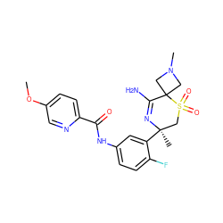 COc1ccc(C(=O)Nc2ccc(F)c([C@]3(C)CS(=O)(=O)C4(CN(C)C4)C(N)=N3)c2)nc1 ZINC000214067055