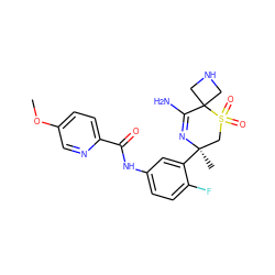 COc1ccc(C(=O)Nc2ccc(F)c([C@]3(C)CS(=O)(=O)C4(CNC4)C(N)=N3)c2)nc1 ZINC000214162050