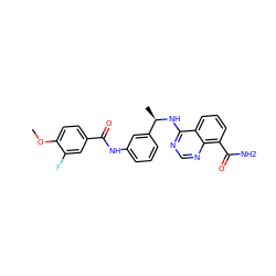 COc1ccc(C(=O)Nc2cccc([C@@H](C)Nc3ncnc4c(C(N)=O)cccc34)c2)cc1F ZINC000114343659