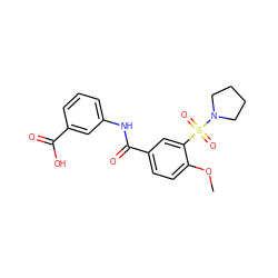 COc1ccc(C(=O)Nc2cccc(C(=O)O)c2)cc1S(=O)(=O)N1CCCC1 ZINC000001136324