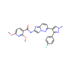 COc1ccc(C(=O)Nc2cn3nc(-c4cn(C)nc4-c4ccc(F)cc4)ccc3n2)c(OC)n1 ZINC001772588426