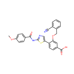 COc1ccc(C(=O)Nc2ncc(-c3ccc(C(=O)O)cc3OCc3ccccc3C#N)s2)cc1 ZINC000653699960