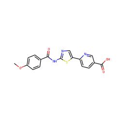 COc1ccc(C(=O)Nc2ncc(-c3ccc(C(=O)O)cn3)s2)cc1 ZINC000653688505