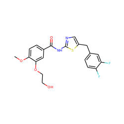 COc1ccc(C(=O)Nc2ncc(Cc3ccc(F)c(F)c3)s2)cc1OCCO ZINC000043022714
