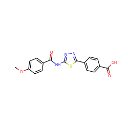 COc1ccc(C(=O)Nc2nnc(-c3ccc(C(=O)O)cc3)s2)cc1 ZINC000084741899