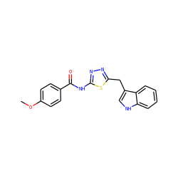 COc1ccc(C(=O)Nc2nnc(Cc3c[nH]c4ccccc34)s2)cc1 ZINC000017747698