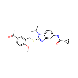 COc1ccc(C(C)=O)cc1CSc1nc2cc(NC(=O)C3CC3)ccc2n1C(C)C ZINC000028525279