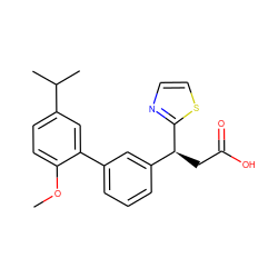 COc1ccc(C(C)C)cc1-c1cccc([C@H](CC(=O)O)c2nccs2)c1 ZINC001772639916