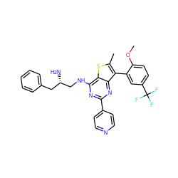 COc1ccc(C(F)(F)F)cc1-c1c(C)sc2c(NC[C@@H](N)Cc3ccccc3)nc(-c3ccncc3)nc12 ZINC000223687634