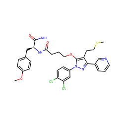 COc1ccc(C[C@H](NC(=O)CCCOc2c(CCSC)c(-c3cccnc3)nn2-c2ccc(Cl)c(Cl)c2)C(N)=O)cc1 ZINC001772613683