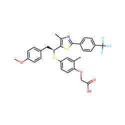 COc1ccc(C[C@H](Sc2ccc(OCC(=O)O)c(C)c2)c2sc(-c3ccc(C(F)(F)F)cc3)nc2C)cc1 ZINC000084709165