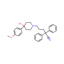 COc1ccc(C2(O)CCN(CCCC(C#N)(c3ccccc3)c3ccccc3)CC2)cc1 ZINC000013674263