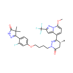 COc1ccc(C2=NN(CCCCOc3ccc(C4=NNC(=O)C4(C)C)c(F)c3)C(=O)C[C@H]2C)c2cc(C(F)(F)F)nn12 ZINC000095586782