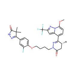 COc1ccc(C2=NN(CCCCOc3ccc(C4=NNC(=O)C4(C)C)cc3F)C(=O)C[C@H]2C)c2cc(C(F)(F)F)nn12 ZINC000095590507