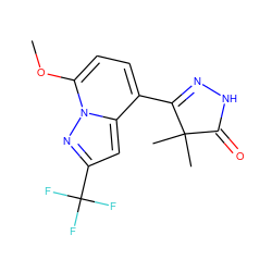 COc1ccc(C2=NNC(=O)C2(C)C)c2cc(C(F)(F)F)nn12 ZINC000084671871