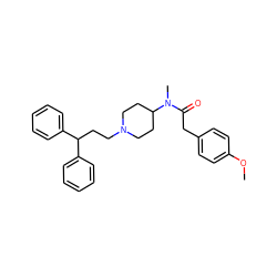 COc1ccc(CC(=O)N(C)C2CCN(CCC(c3ccccc3)c3ccccc3)CC2)cc1 ZINC000028339520