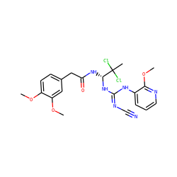 COc1ccc(CC(=O)N[C@@H](N/C(=N/C#N)Nc2cccnc2OC)C(C)(Cl)Cl)cc1OC ZINC000040950042