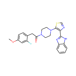 COc1ccc(CC(=O)N2CCN(c3scnc3-c3nc4ccccc4[nH]3)CC2)c(F)c1 ZINC000143784162
