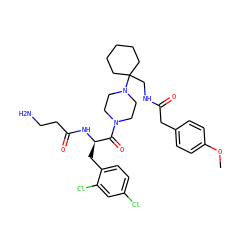 COc1ccc(CC(=O)NCC2(N3CCN(C(=O)[C@@H](Cc4ccc(Cl)cc4Cl)NC(=O)CCN)CC3)CCCCC2)cc1 ZINC000014209910