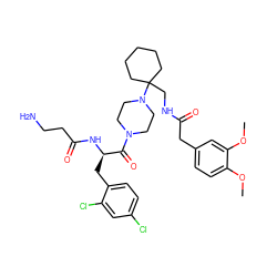 COc1ccc(CC(=O)NCC2(N3CCN(C(=O)[C@@H](Cc4ccc(Cl)cc4Cl)NC(=O)CCN)CC3)CCCCC2)cc1OC ZINC000028461243