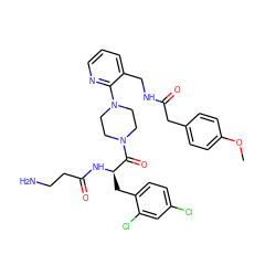 COc1ccc(CC(=O)NCc2cccnc2N2CCN(C(=O)[C@@H](Cc3ccc(Cl)cc3Cl)NC(=O)CCN)CC2)cc1 ZINC000036285091