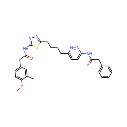 COc1ccc(CC(=O)Nc2nnc(CCCCc3ccc(NC(=O)Cc4ccccc4)nn3)s2)cc1C ZINC000169698466