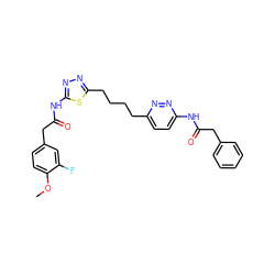 COc1ccc(CC(=O)Nc2nnc(CCCCc3ccc(NC(=O)Cc4ccccc4)nn3)s2)cc1F ZINC000169698460