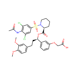 COc1ccc(CC[C@@H](OC(=O)[C@@H]2CCCCN2S(=O)(=O)c2cc(Cl)c(NC(C)=O)c(Cl)c2)c2cccc(OCC(=O)O)c2)cc1OC ZINC000084687119