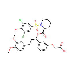 COc1ccc(CC[C@@H](OC(=O)[C@@H]2CCCCN2S(=O)(=O)c2cc(Cl)c(O)c(Cl)c2)c2cccc(OCC(=O)O)c2)cc1OC ZINC000084713035