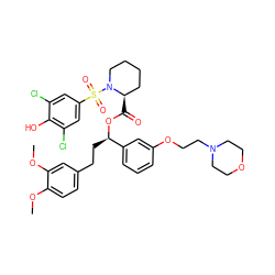 COc1ccc(CC[C@@H](OC(=O)[C@@H]2CCCCN2S(=O)(=O)c2cc(Cl)c(O)c(Cl)c2)c2cccc(OCCN3CCOCC3)c2)cc1OC ZINC000084707419