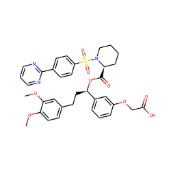 COc1ccc(CC[C@@H](OC(=O)[C@@H]2CCCCN2S(=O)(=O)c2ccc(-c3ncccn3)cc2)c2cccc(OCC(=O)O)c2)cc1OC ZINC000084690586