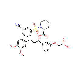 COc1ccc(CC[C@@H](OC(=O)[C@@H]2CCCCN2S(=O)(=O)c2cccc(C#N)c2)c2cccc(OCC(=O)O)c2)cc1OC ZINC000084690170