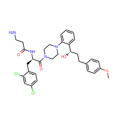 COc1ccc(CC[C@H](O)c2ccccc2N2CCN(C(=O)[C@@H](Cc3ccc(Cl)cc3Cl)NC(=O)CCN)CC2)cc1 ZINC000044307287