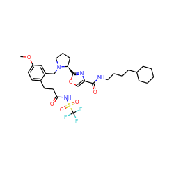 COc1ccc(CCC(=O)NS(=O)(=O)C(F)(F)F)c(CN2CCC[C@H]2c2nc(C(=O)NCCCCC3CCCCC3)co2)c1 ZINC000164302809