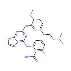 COc1ccc(CCCN(C)C)cc1Nc1nc(Nc2cccc(F)c2C(N)=O)c2cc[nH]c2n1 ZINC000040393467