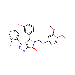 COc1ccc(CCN2C(=O)c3[nH]nc(-c4ccccc4O)c3[C@@H]2c2cccc(O)c2)cc1OC ZINC000096900844