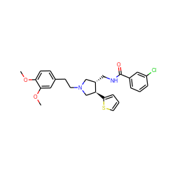 COc1ccc(CCN2C[C@H](CNC(=O)c3cccc(Cl)c3)[C@@H](c3cccs3)C2)cc1OC ZINC000071316701