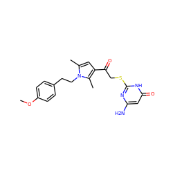 COc1ccc(CCn2c(C)cc(C(=O)CSc3nc(N)cc(=O)[nH]3)c2C)cc1 ZINC000018205552