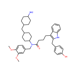 COc1ccc(CN(C(=O)CCCc2c(Cc3ccc(O)cc3)[nH]c3ccccc23)C2CCC(CC3CCC(N)CC3)CC2)cc1OC ZINC000028825980