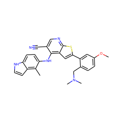 COc1ccc(CN(C)C)c(-c2cc3c(Nc4ccc5[nH]ccc5c4C)c(C#N)cnc3s2)c1 ZINC000040414253